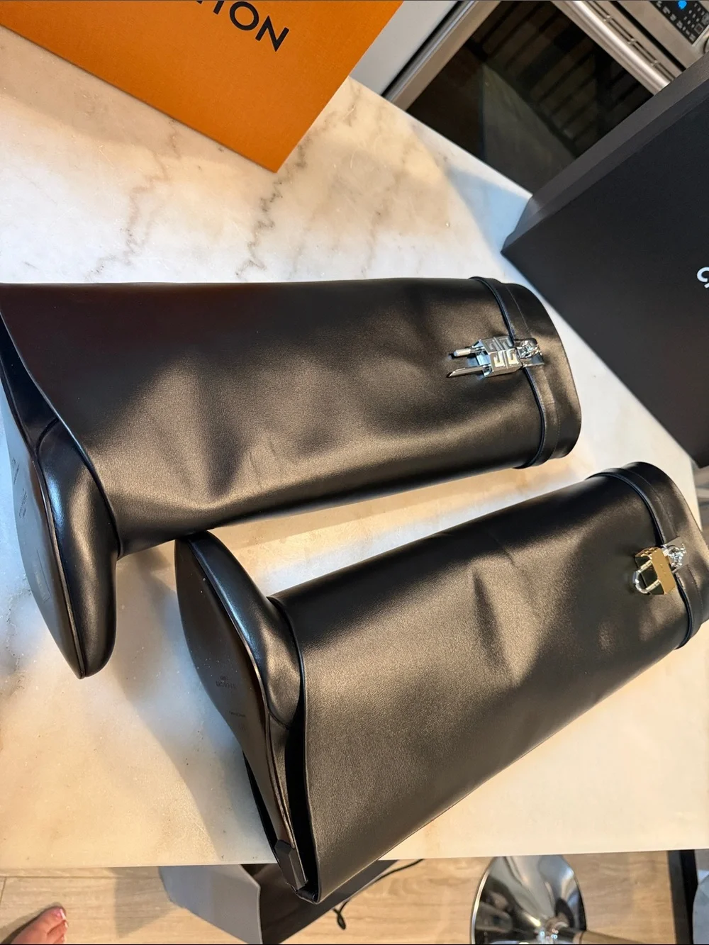 Givenchy SHARK BOOTS Black Leather with Silver Padlock Accent
